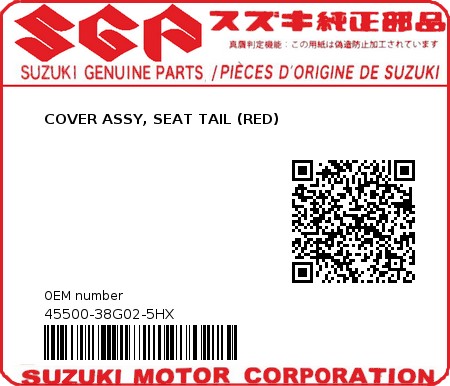 Product image: Suzuki - 45500-38G02-5HX - COVER ASSY, SEAT TAIL (RED)  0