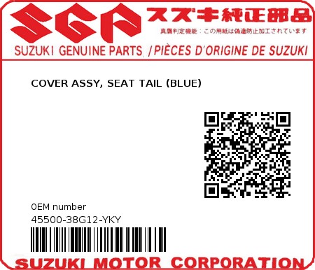 Product image: Suzuki - 45500-38G12-YKY - COVER ASSY, SEAT TAIL (BLUE)  0