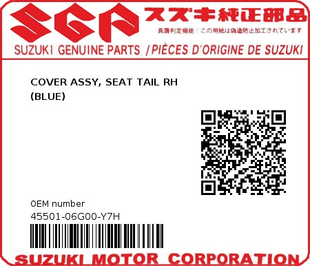 Product image: Suzuki - 45501-06G00-Y7H - COVER ASSY, SEAT TAIL RH                       (BLUE)  0