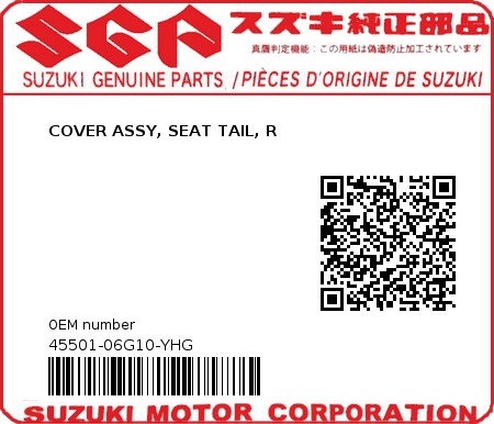 Product image: Suzuki - 45501-06G10-YHG - COVER ASSY, SEAT TAIL, R  0
