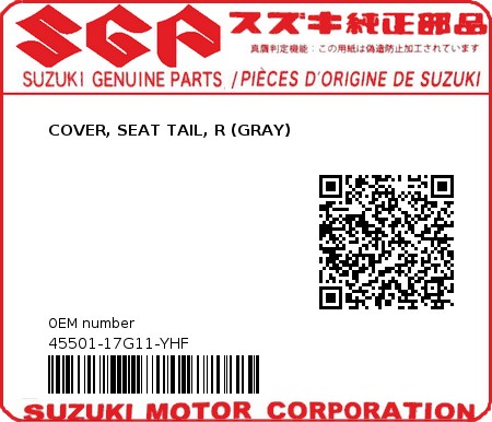 Product image: Suzuki - 45501-17G11-YHF - COVER, SEAT TAIL, R (GRAY)  0