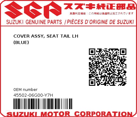 Product image: Suzuki - 45502-06G00-Y7H - COVER ASSY, SEAT TAIL LH                       (BLUE)  0