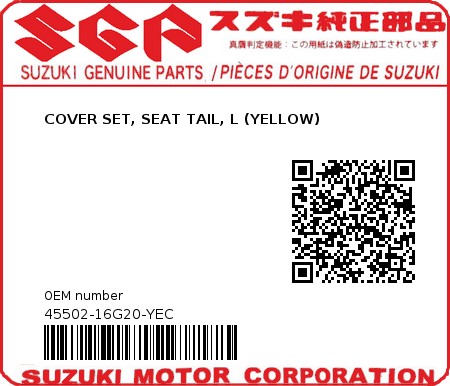 Product image: Suzuki - 45502-16G20-YEC - COVER SET, SEAT TAIL, L (YELLOW)  0