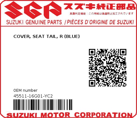 Product image: Suzuki - 45511-16G01-YC2 - COVER, SEAT TAIL, R (BLUE)  0