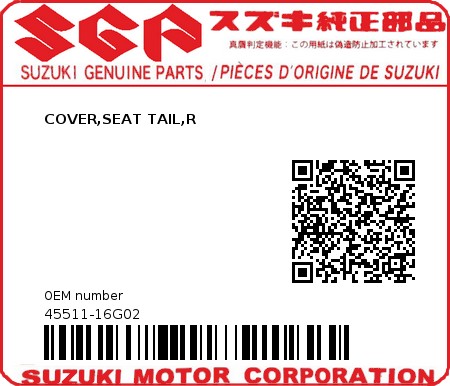 Product image: Suzuki - 45511-16G02 - COVER,SEAT TAIL,R  0