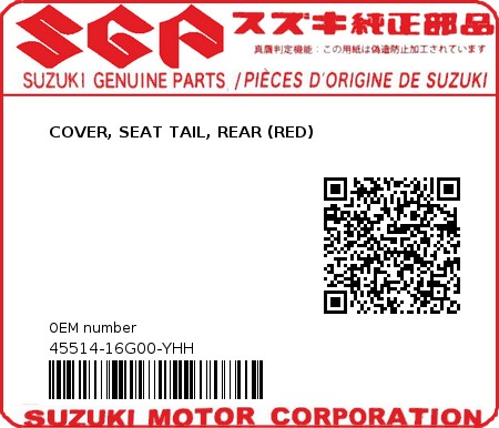 Product image: Suzuki - 45514-16G00-YHH - COVER, SEAT TAIL, REAR (RED)  0