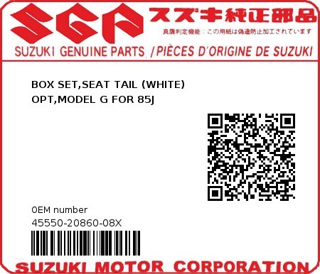Product image: Suzuki - 45550-20860-08X - BOX SET,SEAT TAIL (WHITE)        OPT,MODEL G FOR 85J  0