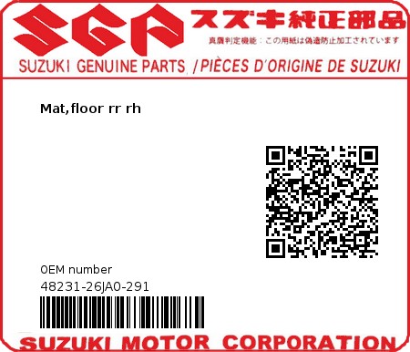 Product image: Suzuki - 48231-26JA0-291 - Mat,floor rr rh  0