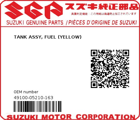 Product image: Suzuki - 49100-05210-163 - TANK ASSY, FUEL (YELLOW)  0