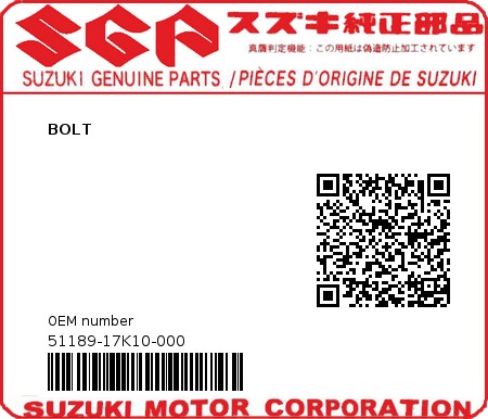Product image: Suzuki - 51189-17K10-000 - BOLT  0