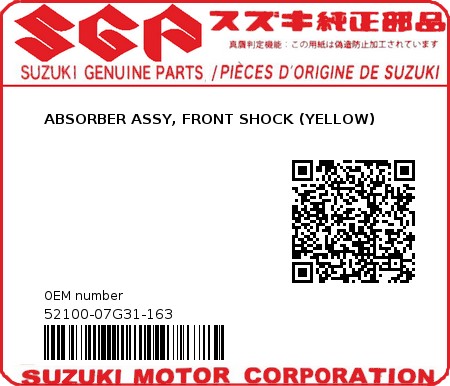 Product image: Suzuki - 52100-07G31-163 - ABSORBER ASSY, FRONT SHOCK (YELLOW)  0