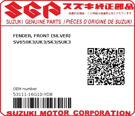 Product image: Suzuki - 53111-16G10-YD8 - FENDER, FRONT (SILVER)        SV650K3/UK3/SK3/SUK3  0