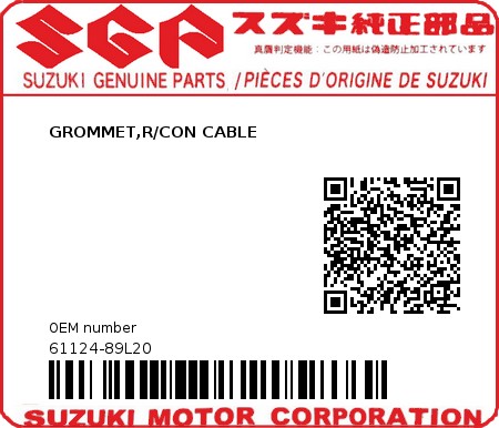 Product image: Suzuki - 61124-89L20 - GROMMET,R/CON CABLE  0
