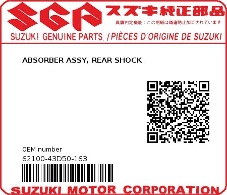 Product image: Suzuki - 62100-43D50-163 - ABSORBER ASSY, REAR SHOCK  0