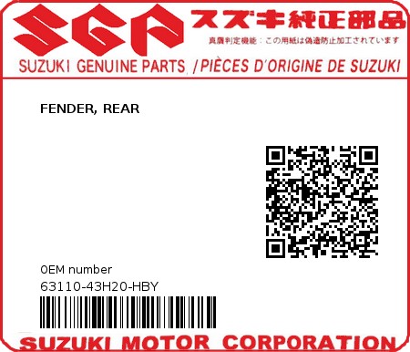 Product image: Suzuki - 63110-43H20-HBY - FENDER, REAR  0