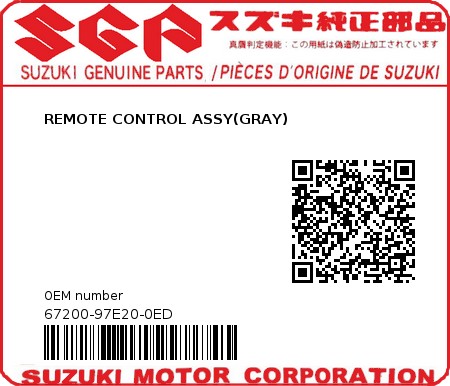Product image: Suzuki - 67200-97E20-0ED - REMOTE CONTROL ASSY(GRAY)  0