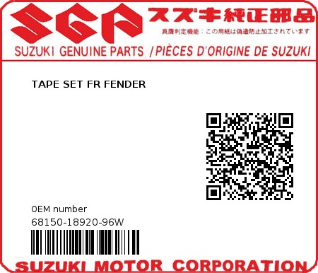 Product image: Suzuki - 68150-18920-96W - TAPE SET FR FENDER  0