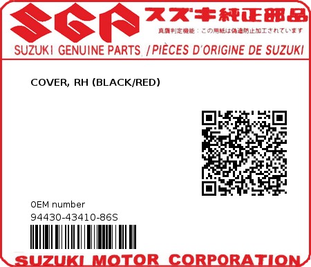 Product image: Suzuki - 94430-43410-86S - COVER, RH (BLACK/RED)  0