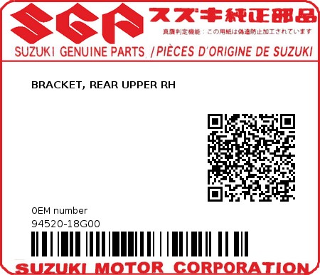 Product image: Suzuki - 94520-18G00 - BRACKET, REAR UPPER RH          0