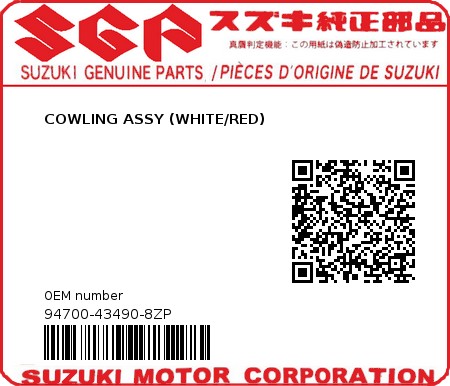 Product image: Suzuki - 94700-43490-8ZP - COWLING ASSY (WHITE/RED)  0