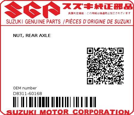 Product image: Suzuki - D8311-60168 - NUT, REAR AXLE          0