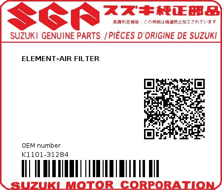 Product image: Suzuki - K1101-31284 - ELEMENT-AIR FILTER          0