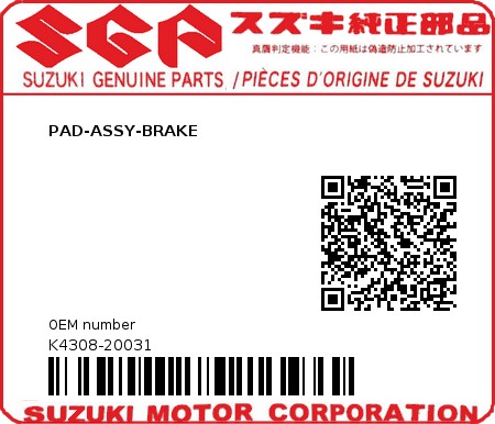 Product image: Suzuki - K4308-20031 - PAD-ASSY-BRAKE          0