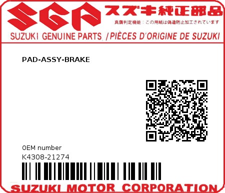 Product image: Suzuki - K4308-21274 - PAD-ASSY-BRAKE          0