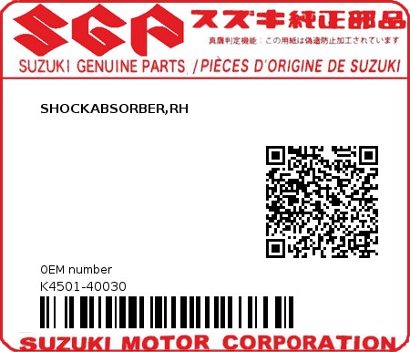 Product image: Suzuki - K4501-40030 - SHOCKABSORBER,RH          0