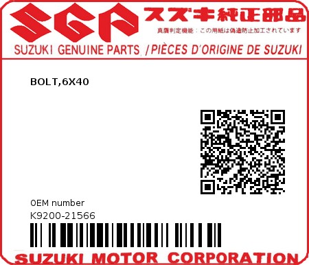 Product image: Suzuki - K9200-21566 - BOLT,6X40          0