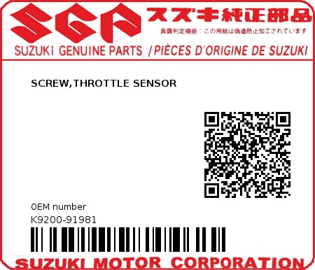 Product image: Suzuki - K9200-91981 - SCREW,THROTTLE SENSOR          0