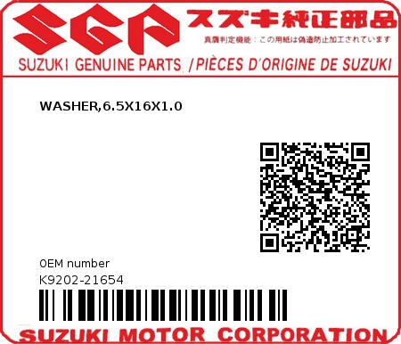 Product image: Suzuki - K9202-21654 - WASHER,6.5X16X1.0          0