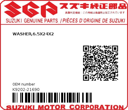 Product image: Suzuki - K9202-21690 - WASHER,6.5X24X2          0