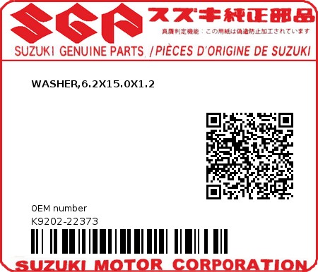 Product image: Suzuki - K9202-22373 - WASHER,6.2X15.0X1.2          0