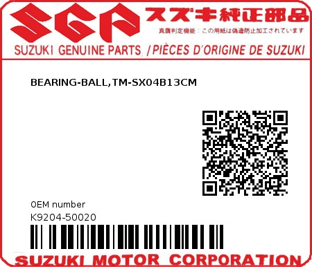 Product image: Suzuki - K9204-50020 - BEARING-BALL,TM-SX04B13CM          0