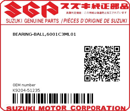Product image: Suzuki - K9204-51235 - BEARING-BALL,6001C3ML01          0
