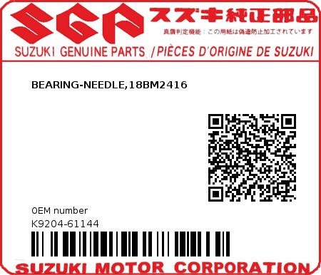 Product image: Suzuki - K9204-61144 - BEARING-NEEDLE,18BM2416          0