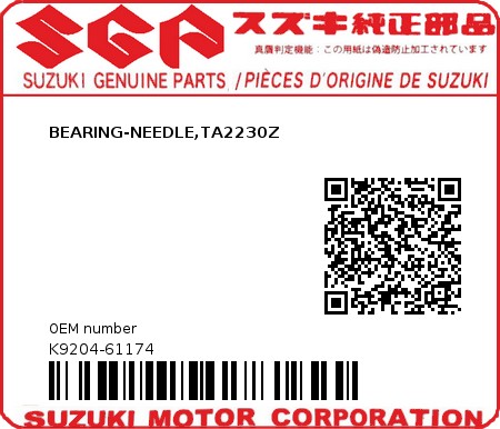 Product image: Suzuki - K9204-61174 - BEARING-NEEDLE,TA2230Z          0