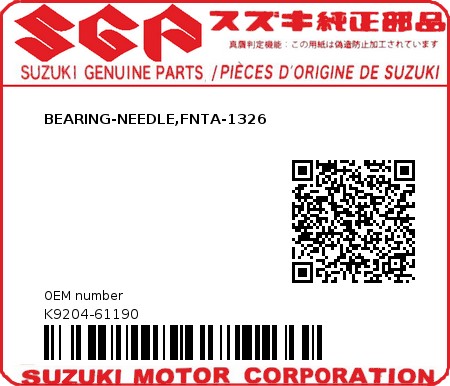 Product image: Suzuki - K9204-61190 - BEARING-NEEDLE,FNTA-1326          0