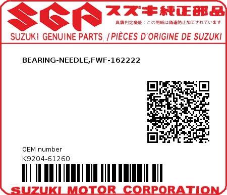 Product image: Suzuki - K9204-61260 - BEARING-NEEDLE,FWF-162222          0