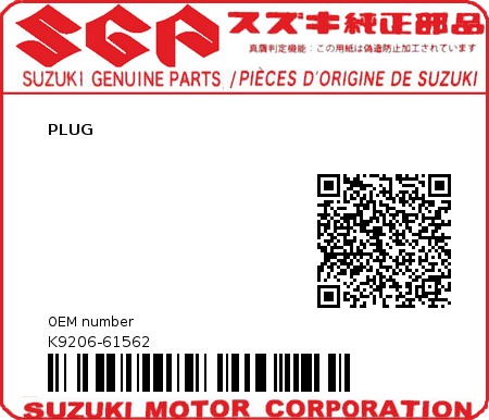 Product image: Suzuki - K9206-61562 - PLUG          0