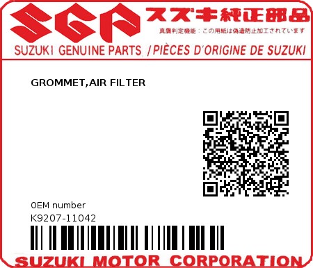 Product image: Suzuki - K9207-11042 - GROMMET,AIR FILTER          0