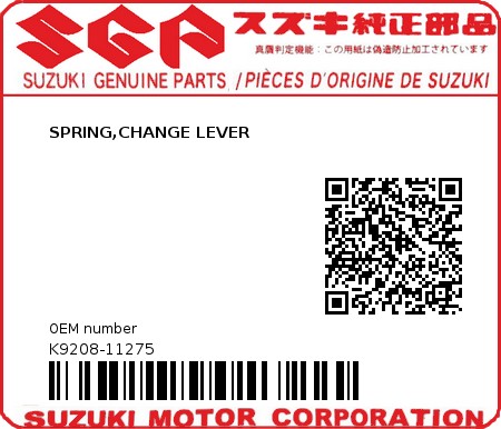 Product image: Suzuki - K9208-11275 - SPRING,CHANGE LEVER          0