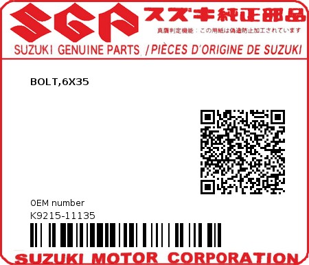 Product image: Suzuki - K9215-11135 - BOLT,6X35          0