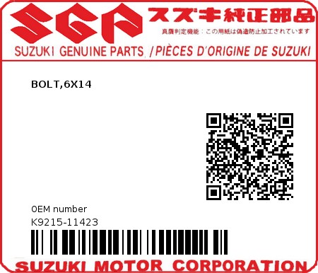 Product image: Suzuki - K9215-11423 - BOLT,6X14          0