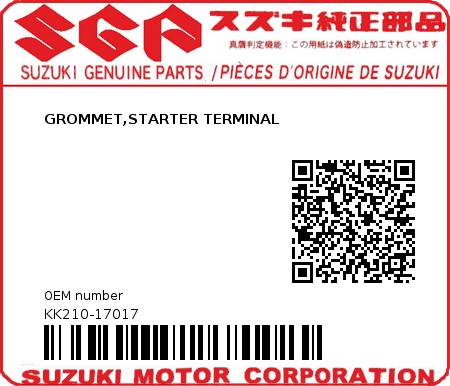 Product image: Suzuki - KK210-17017 - GROMMET,STARTER TERMINAL          0