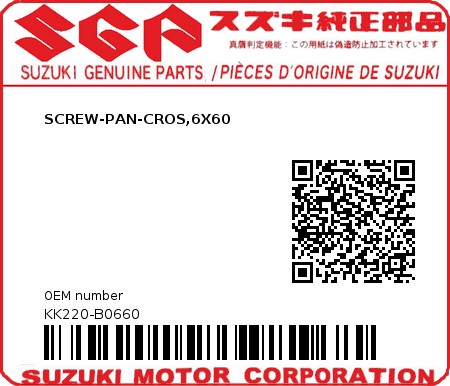 Product image: Suzuki - KK220-B0660 - SCREW-PAN-CROS,6X60          0