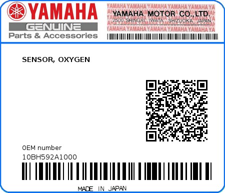 Product image: Yamaha - 10BH592A1000 - SENSOR, OXYGEN  0