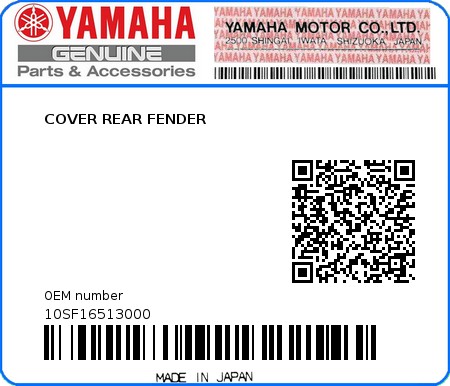 Product image: Yamaha - 10SF16513000 - COVER REAR FENDER  0