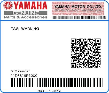 Product image: Yamaha - 11DF819R1000 - TAG, WARNING  0